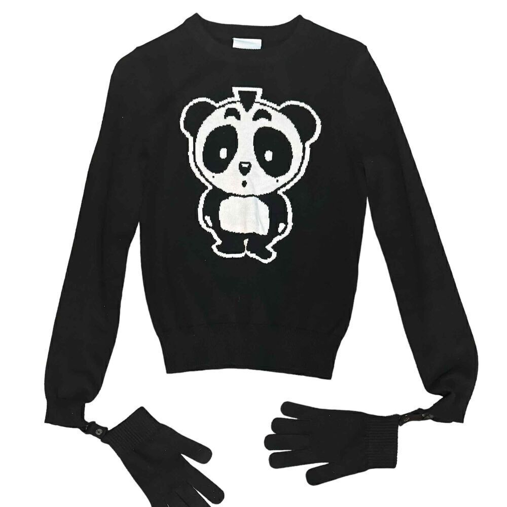 Nicopanda Black Panda Graphic Long Sleeve Pullover Sweater Attached Gloves S